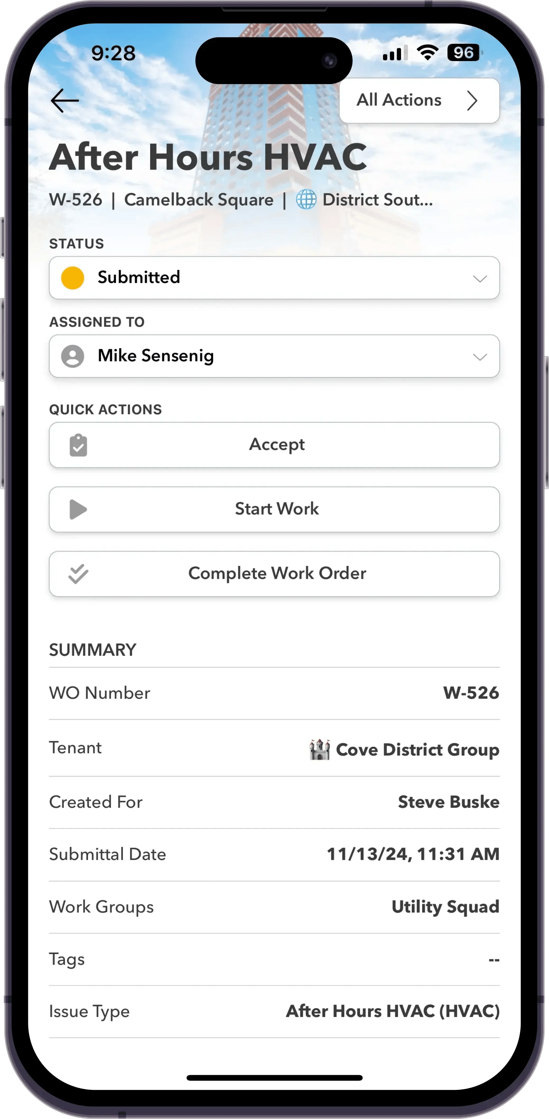 A mobile interface showing details for a work order titled "After Hours HVAC." It includes the status